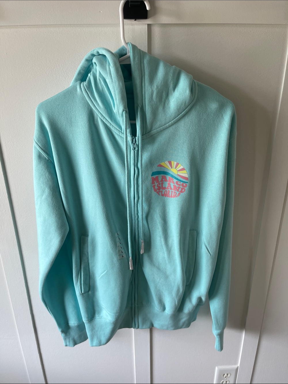 Women’s Aqua Graphic Hoodie Sweater - light teal with Pastel Design NWT - Picture 2 of 3